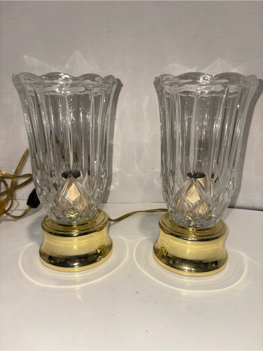 Crystal Glass and Gold Table Lamp Pair - Clear and Gold